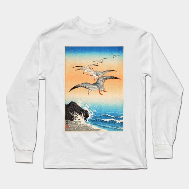 Five Seagulls Over Sea Beach Rocks Japan 1900s Ohara Koson Long Sleeve T-Shirt by rocketshipretro